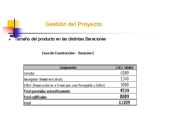 Gestión del Proyecto Tamaño del producto en las distintas Iteraciones 