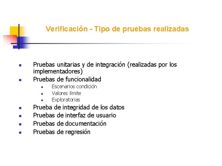 Verificación - Tipo de pruebas realizadas Pruebas unitarias y de integración (realizadas por los
