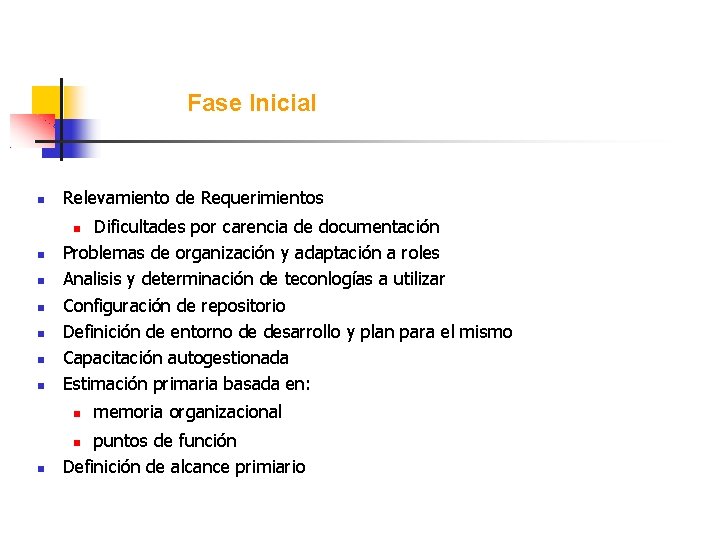 Fase Inicial Relevamiento de Requerimientos Dificultades por carencia de documentación Problemas de organización y