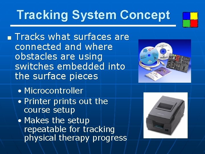 Tracking System Concept n Tracks what surfaces are connected and where obstacles are using