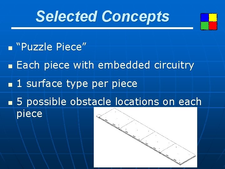 Selected Concepts n “Puzzle Piece” n Each piece with embedded circuitry n 1 surface