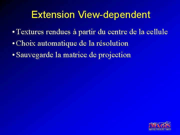 Extension View-dependent • Textures rendues à partir du centre de la cellule • Choix