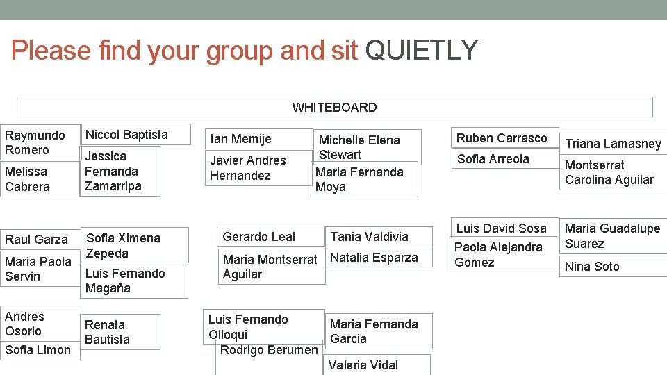 Please find your group and sit QUIETLY WHITEBOARD Raymundo Romero Melissa Cabrera Raul Garza