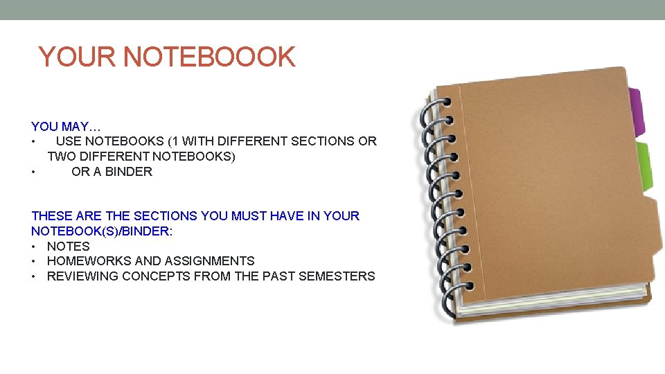 YOUR NOTEBOOOK YOU MAY… • USE NOTEBOOKS (1 WITH DIFFERENT SECTIONS OR TWO DIFFERENT