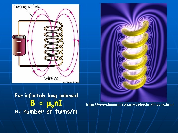 For infinitely long solenoid B = mon. I n: number of turns/m http: //www.