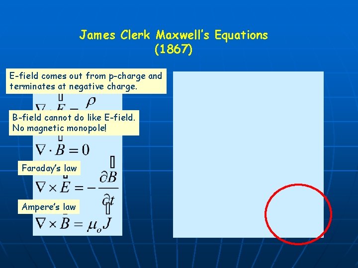 James Clerk Maxwell’s Equations (1867) E-field comes out from p-charge and Pre-Maxwell terminates at