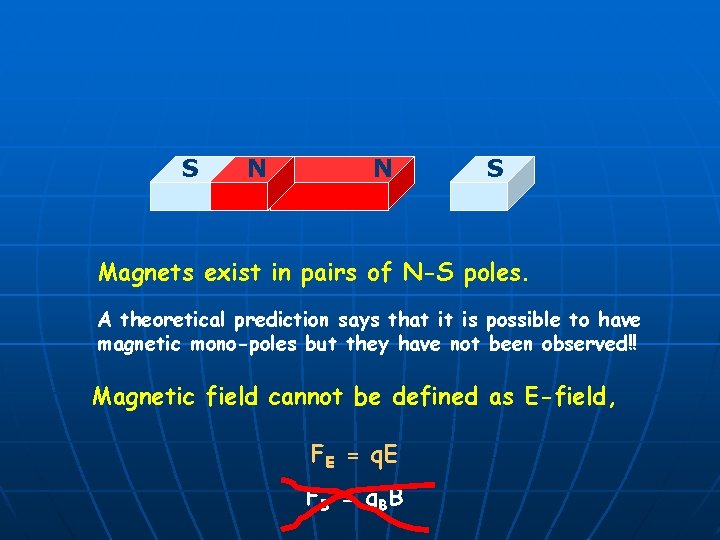 S N N S Magnets exist in pairs of N-S poles. A theoretical prediction