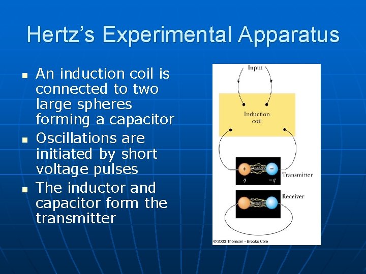 Hertz’s Experimental Apparatus n n n An induction coil is connected to two large