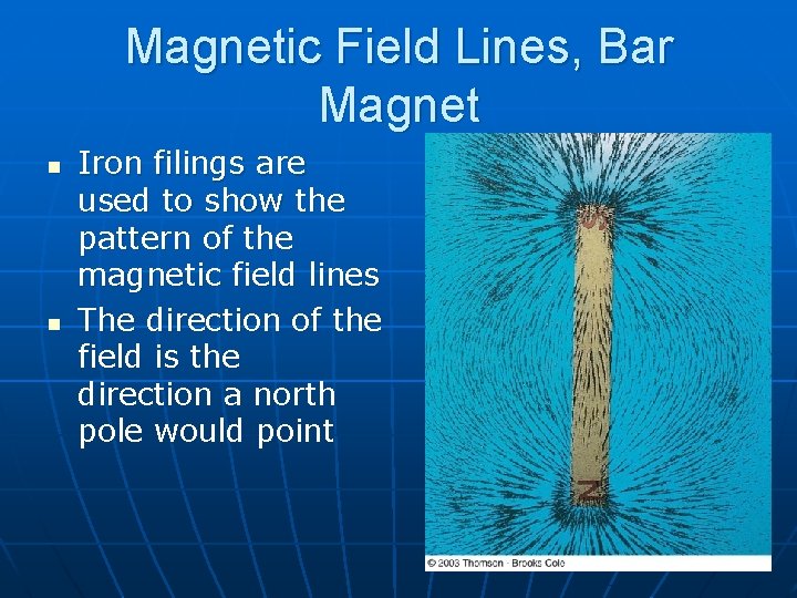 Magnetic Field Lines, Bar Magnet n n Iron filings are used to show the