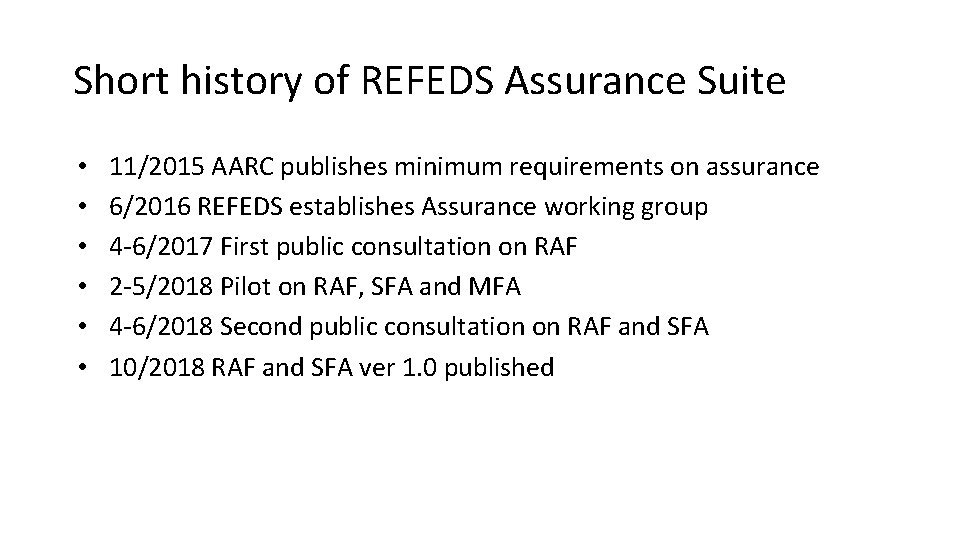 Short history of REFEDS Assurance Suite • • • 11/2015 AARC publishes minimum requirements