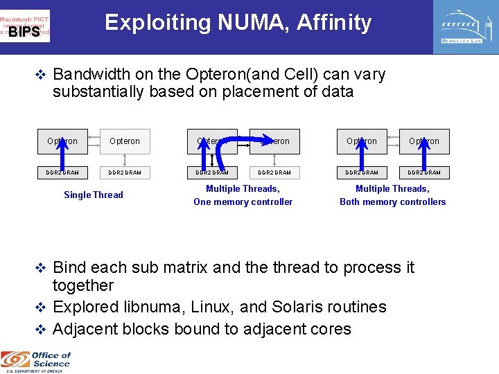 Exploiting NUMA, Affinity BIPS v Bandwidth on the Opteron(and Cell) can vary substantially based
