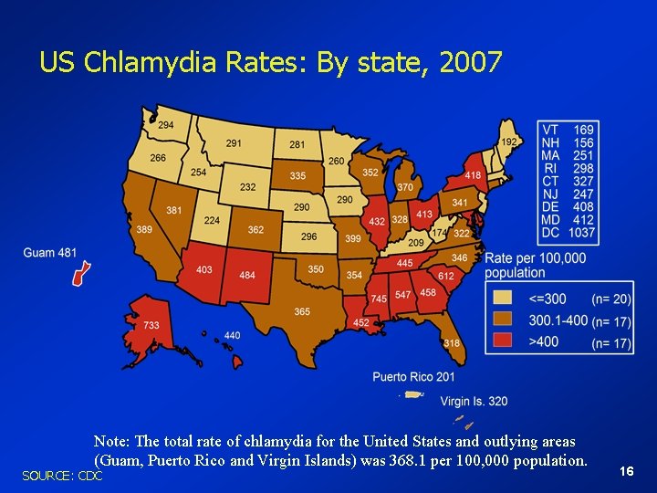 US Chlamydia Rates: By state, 2007 Note: The total rate of chlamydia for the