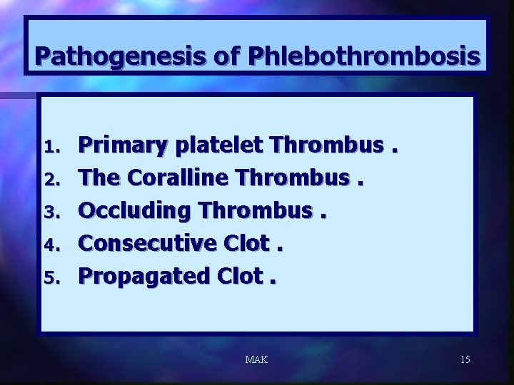 Pathogenesis of Phlebothrombosis 1. 2. 3. 4. 5. Primary platelet Thrombus. The Coralline Thrombus.