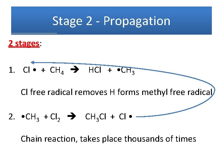 Stage 2 - Propagation 2 stages: stages 1. Cl • + CH 4 HCl