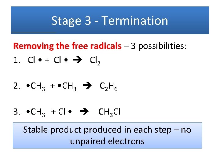 Stage 3 - Termination Removing the free radicals – 3 possibilities: 1. Cl •