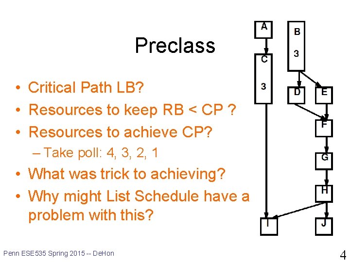 Preclass • Critical Path LB? • Resources to keep RB < CP ? •