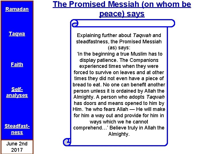 Ramadan Taqwa Faith Selfanalyses Steadfastness June 2 nd 2017 The Promised Messiah (on whom