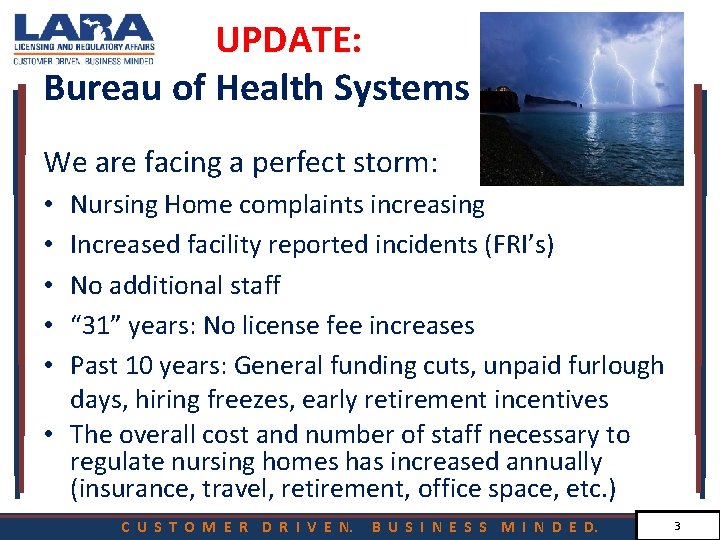 UPDATE: Bureau of Health Systems We are facing a perfect storm: Nursing Home complaints