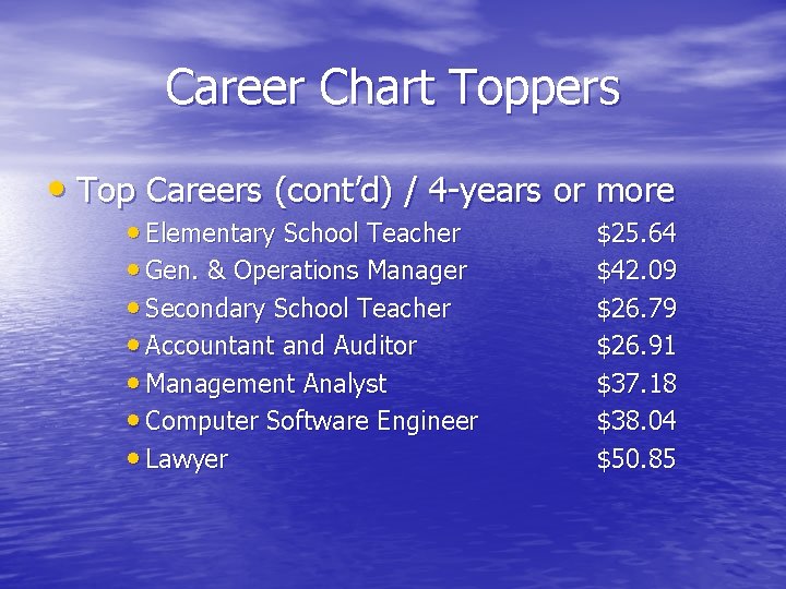 Career Chart Toppers • Top Careers (cont’d) / 4 -years or more • Elementary