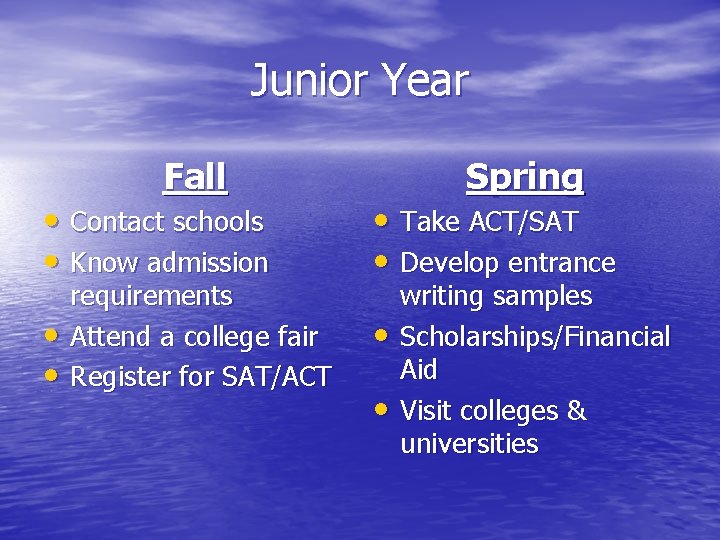 Junior Year Fall Spring • Contact schools • Know admission • Take ACT/SAT •