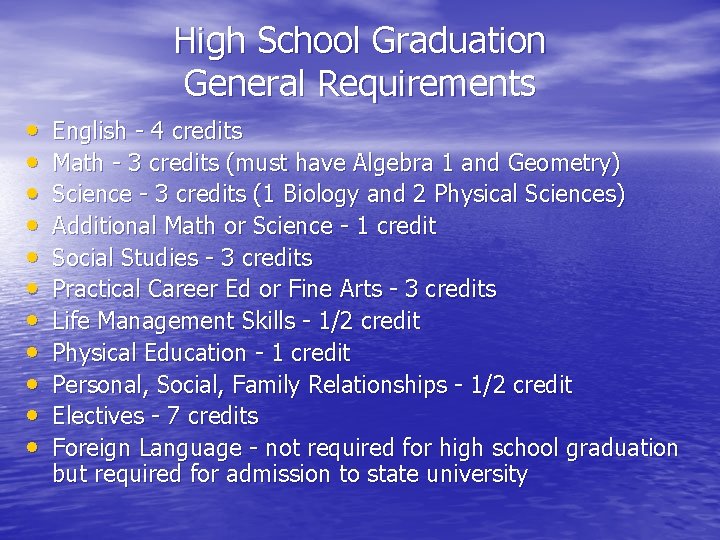 High School Graduation General Requirements • • • English - 4 credits Math -