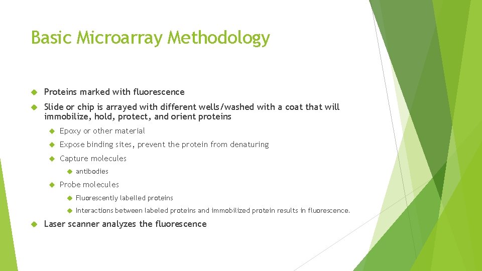 Basic Microarray Methodology Proteins marked with fluorescence Slide or chip is arrayed with different