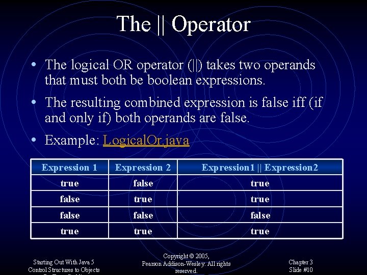 The || Operator • The logical OR operator (||) takes two operands that must