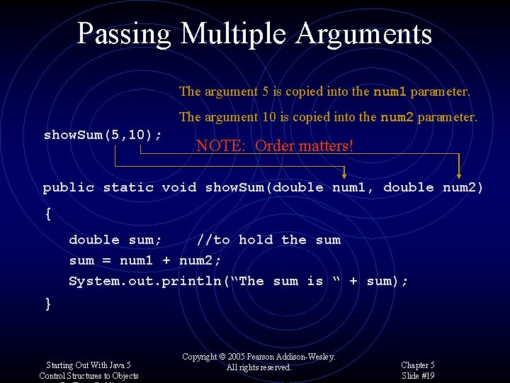 Passing Multiple Arguments The argument 5 is copied into the num 1 parameter. The