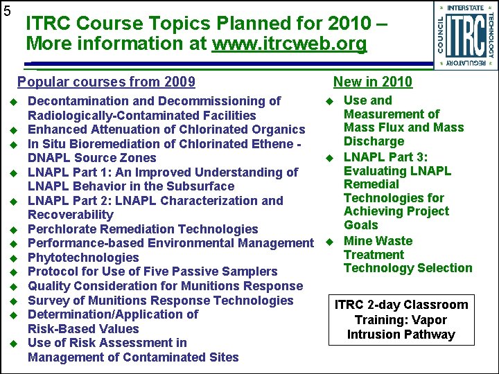 5 ITRC Course Topics Planned for 2010 – More information at www. itrcweb. org