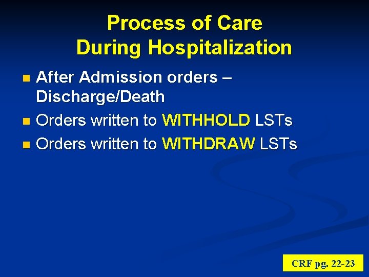 Process of Care During Hospitalization After Admission orders – Discharge/Death n Orders written to