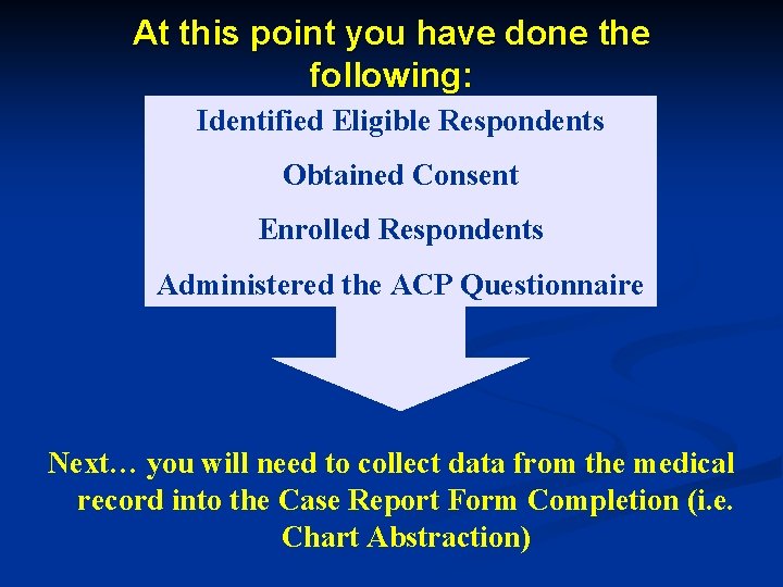 At this point you have done the following: Identified Eligible Respondents Obtained Consent Enrolled