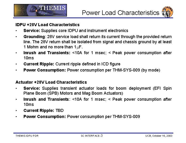 Power Load Characteristics IDPU +28 V Load Characteristics • Service: Supplies core IDPU and