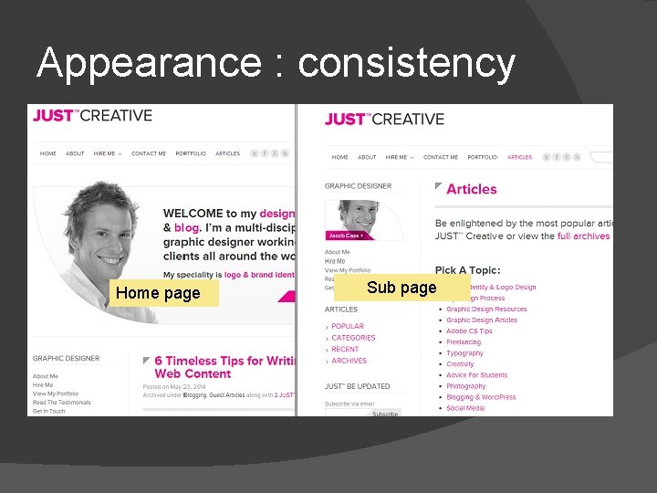 Appearance : consistency Home page Sub page 