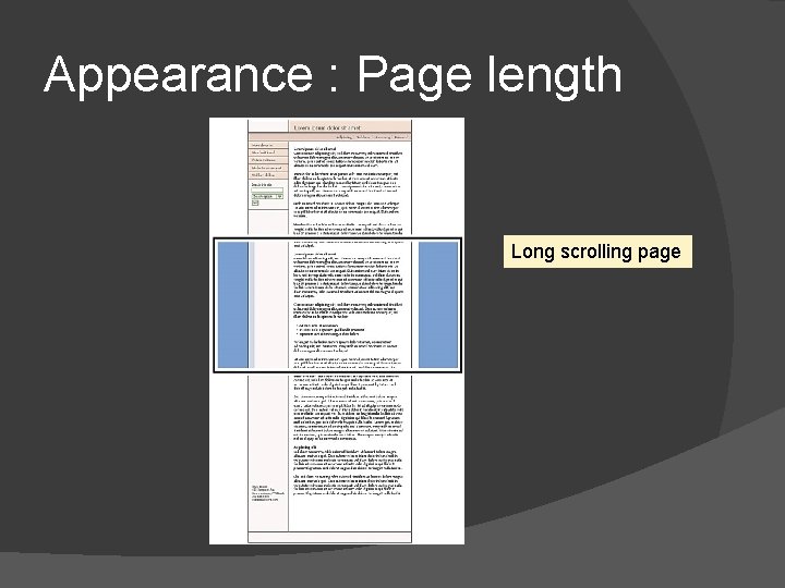 Appearance : Page length Long scrolling page 