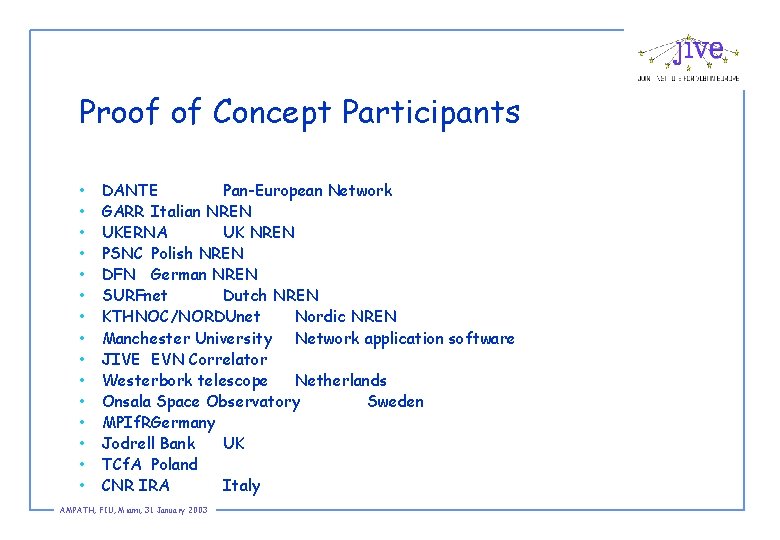 Proof of Concept Participants • • • • DANTE Pan-European Network GARR Italian NREN