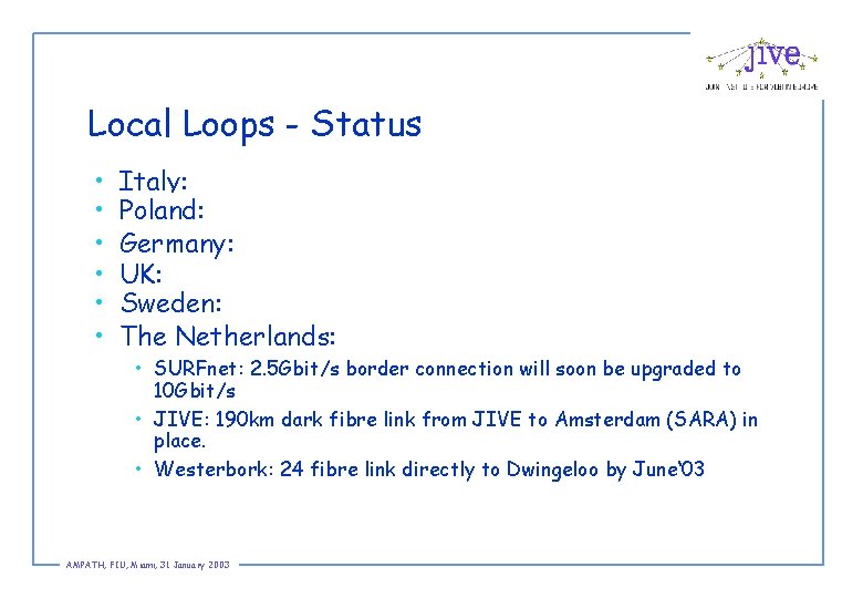 Local Loops - Status • • • Italy: • GARR : Backbone capacity -