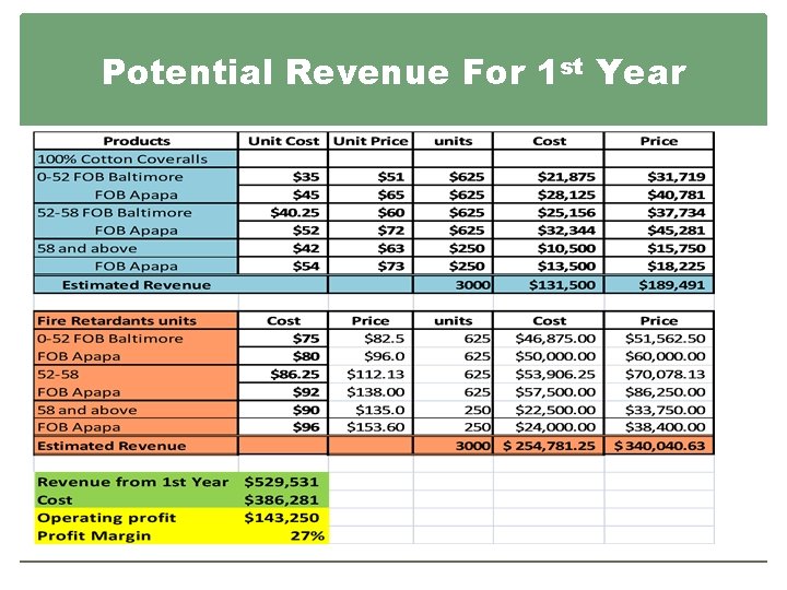 Potential Revenue For 1 st Year 