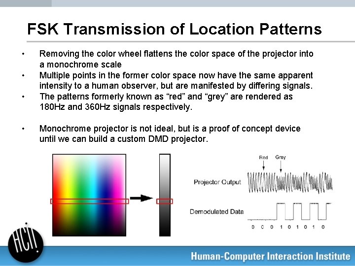 FSK Transmission of Location Patterns • • Removing the color wheel flattens the color