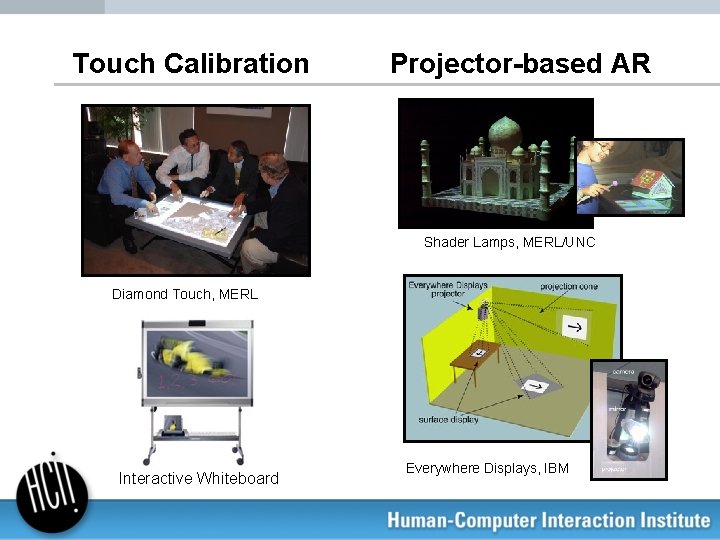 Touch Calibration Projector-based AR Shader Lamps, MERL/UNC Diamond Touch, MERL Interactive Whiteboard Everywhere Displays,