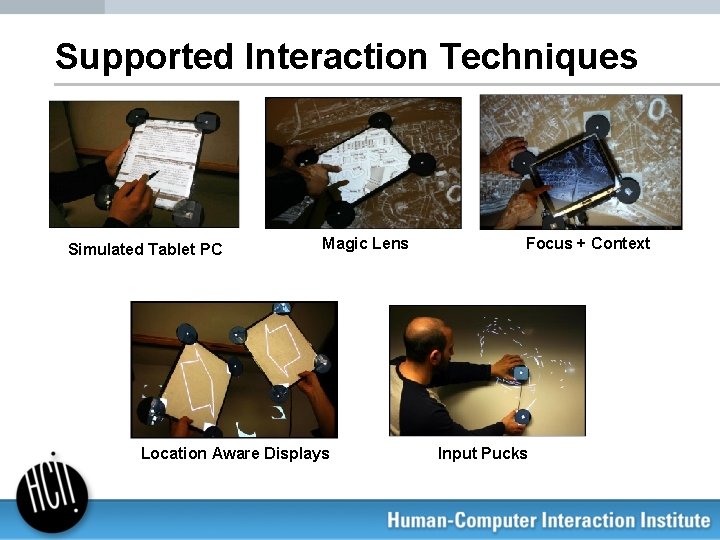 Supported Interaction Techniques Simulated Tablet PC Magic Lens Location Aware Displays Focus + Context