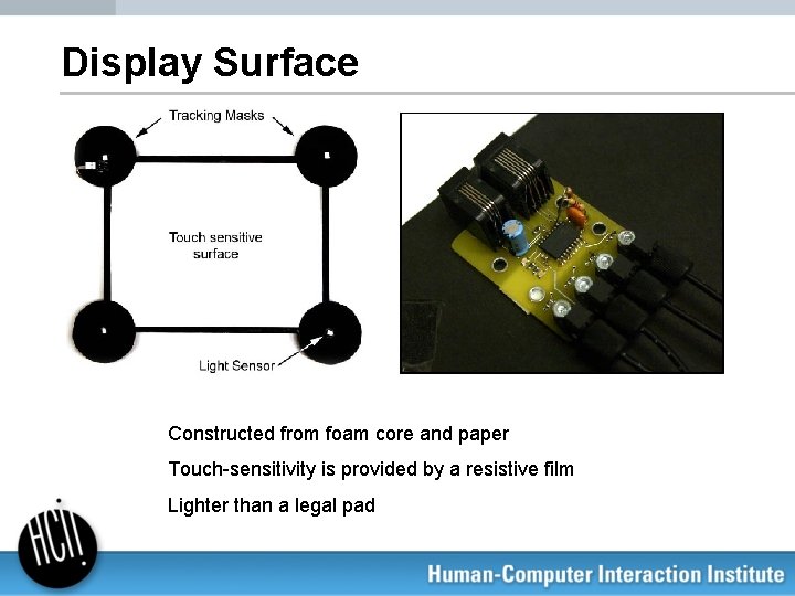 Display Surface Constructed from foam core and paper Touch-sensitivity is provided by a resistive