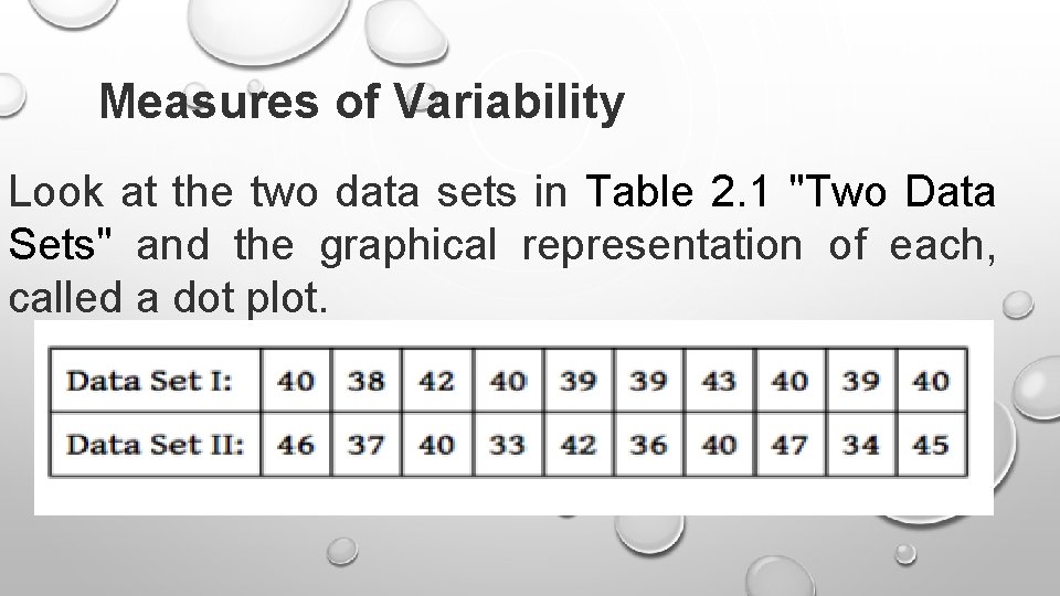 Measures of Variability Look at the two data sets in Table 2. 1 "Two Measures of Variability Look at the two data sets in Table 2. 1 "Two