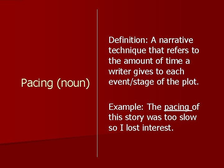 Pacing (noun) Definition: A narrative technique that refers to the amount of time a