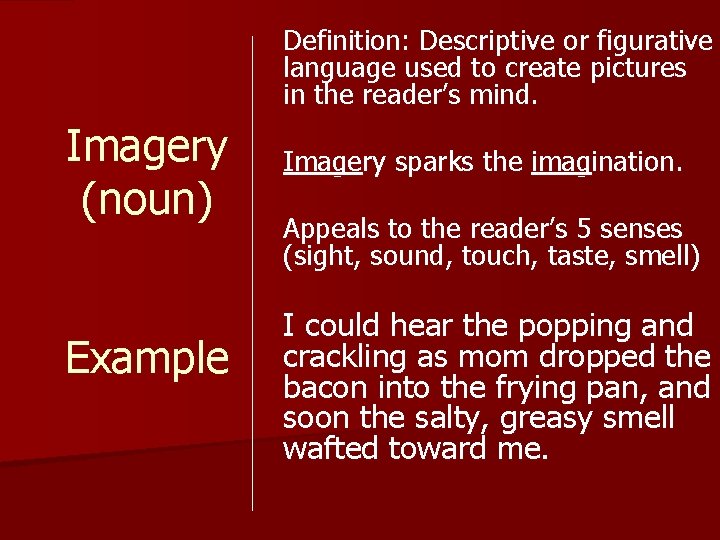 Definition: Descriptive or figurative language used to create pictures in the reader’s mind. Imagery