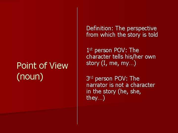 Definition: The perspective from which the story is told Point of View (noun) 1
