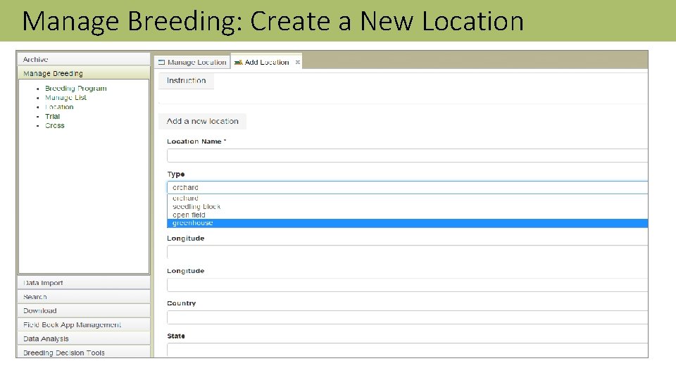 Manage Breeding: Create a New Location 