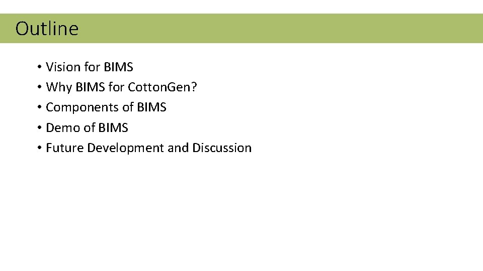 Outline • Vision for BIMS • Why BIMS for Cotton. Gen? • Components of