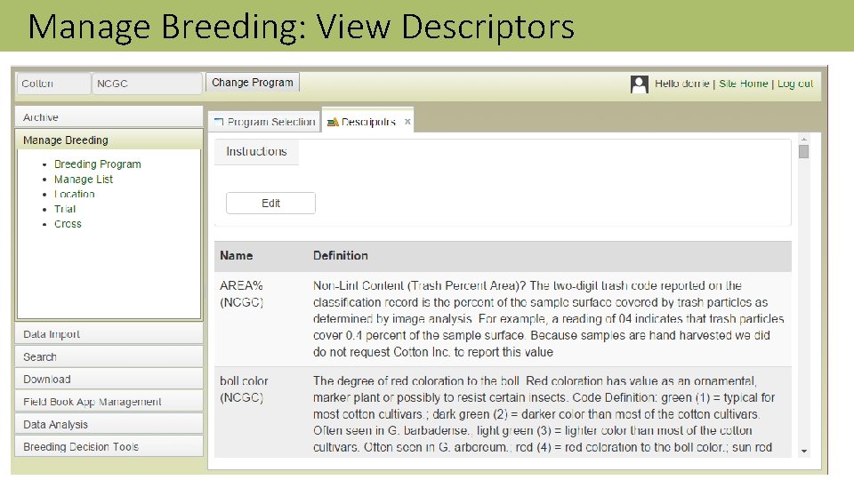 Manage Breeding: View Descriptors 