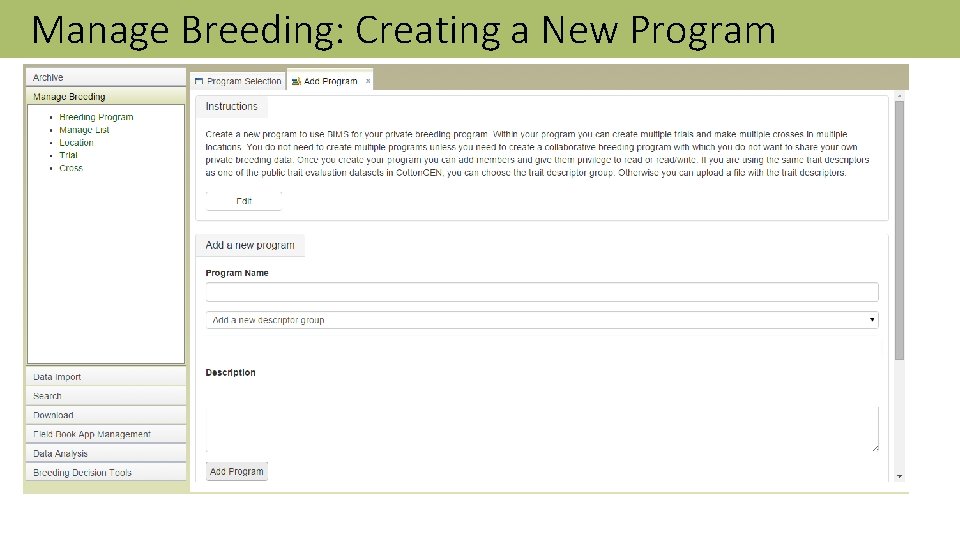 Manage Breeding: Creating a New Program 