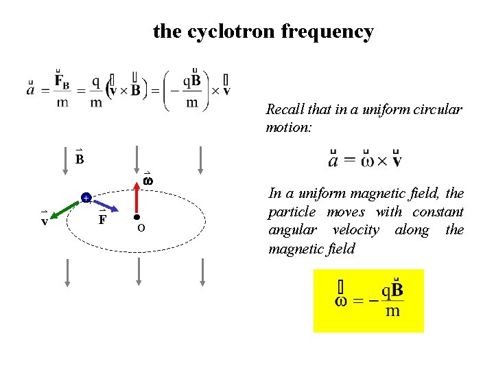 the cyclotron frequency Recall that in a uniform circular motion: B ++ v F